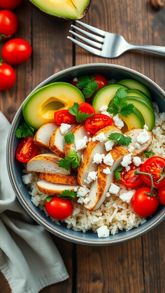 A vibrant chicken bowl with grilled chicken, cherry tomatoes, cucumber, and avocado on rice, garnished with cilantro and feta.